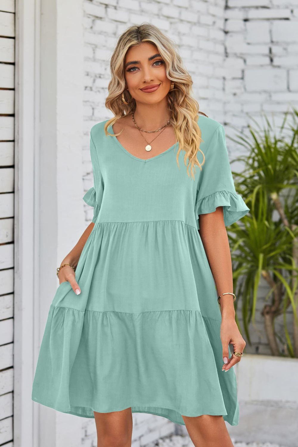 She Wears Glory™ Mandy V-Neck Flounce Sleeve Tiered Dress - She Wears Glory Beverly Hills