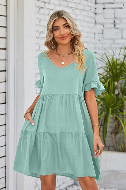She Wears Glory™ Mandy V-Neck Flounce Sleeve Tiered Dress - She Wears Glory Beverly Hills