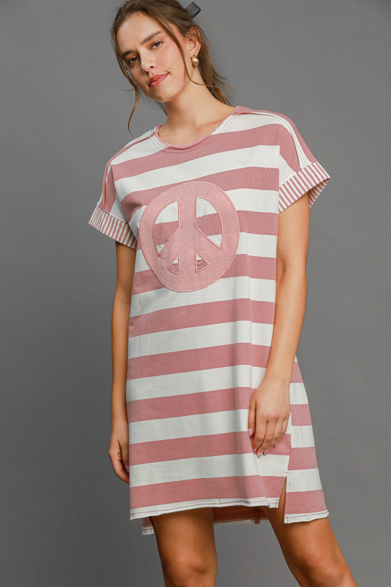She Wears Glory™ Striped Peace Appliqué Dress – Laid-Back Grace with a Message of Stillness - She Wears Glory Beverly Hills