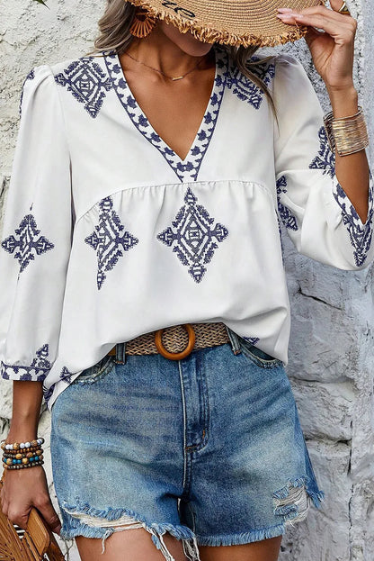 She Wears Glory™ — Radiant Grace Printed V-Neck Blouse - She Wears Glory Beverly Hills