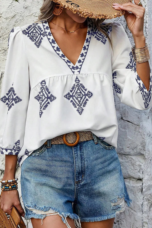 She Wears Glory™ — Radiant Grace Printed V-Neck Blouse - She Wears Glory Beverly Hills