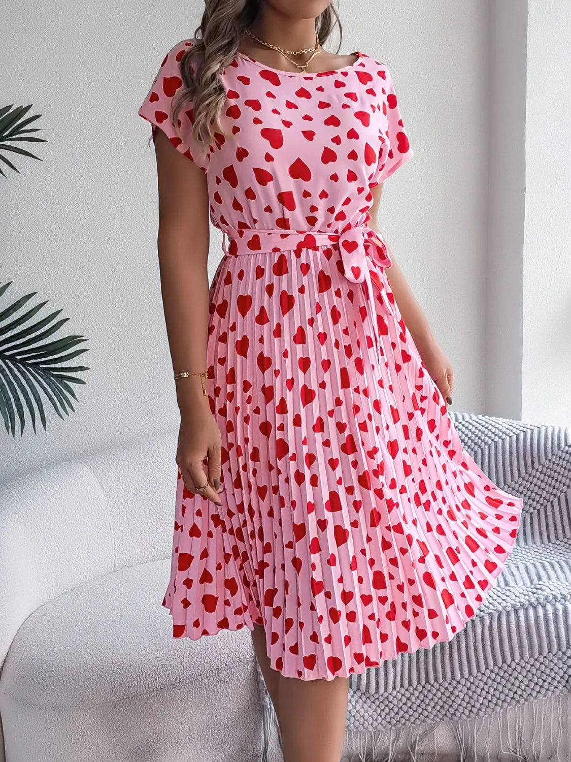 She Wears Glory™ “Hearts Set Apart” Tie-Waist Pleated Dress - She Wears Glory Beverly Hills
