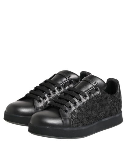 Dolce & Gabbana Black Floral Lace Low Top Sneakers Shoes