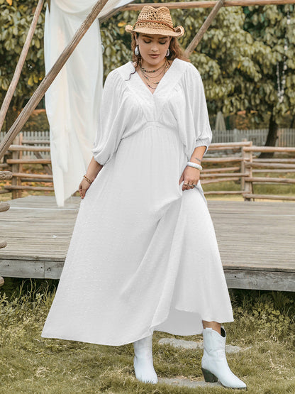 She Wears Glory™ “Graceful Anointing” Plus Size Swiss Dot V-Neck Three-Quarter Sleeve Dress - She Wears Glory Beverly Hills