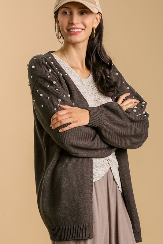 She Wears Glory™ “Crowned in Grace” Pearl-Trimmed Open Cardigan - She Wears Glory Beverly Hills