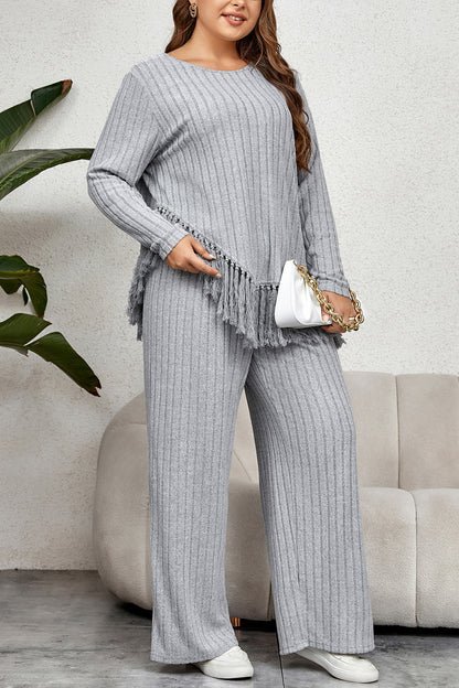 She Wears Glory™ “Divine Joy” Plus Size Tassel Hem Top and Pants Set - She Wears Glory Beverly Hills