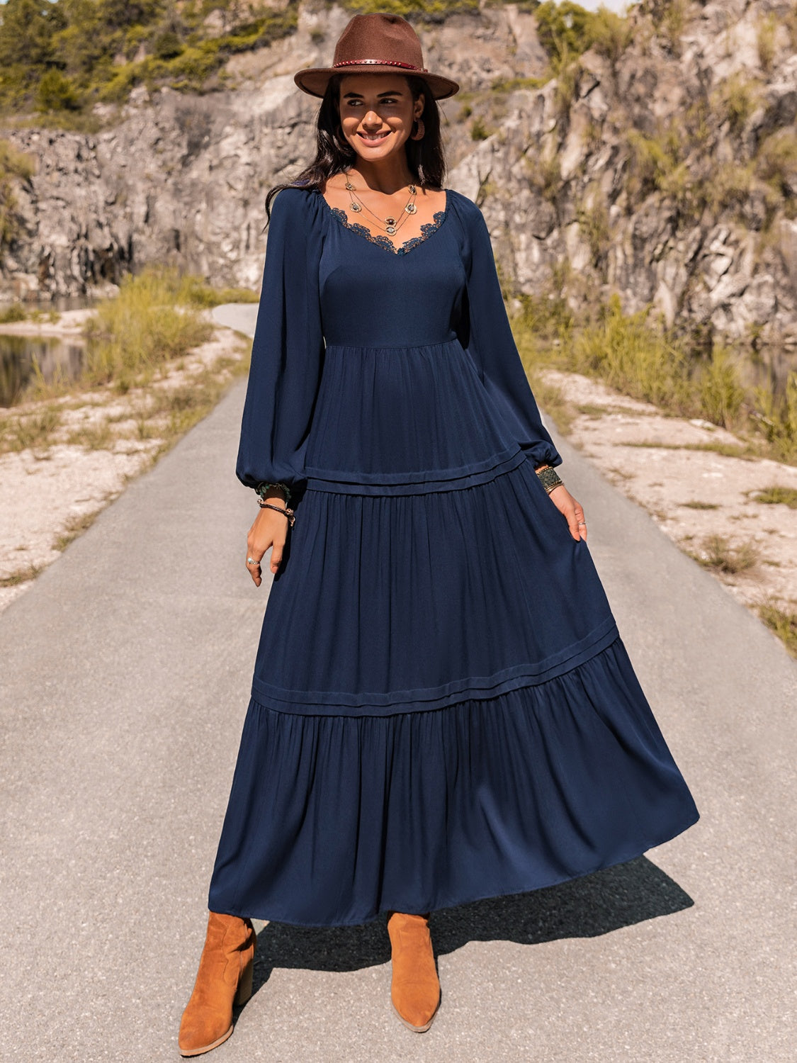 Long Sleeve Lace Trim Maxi Dress - She Wears Glory Beverly Hills