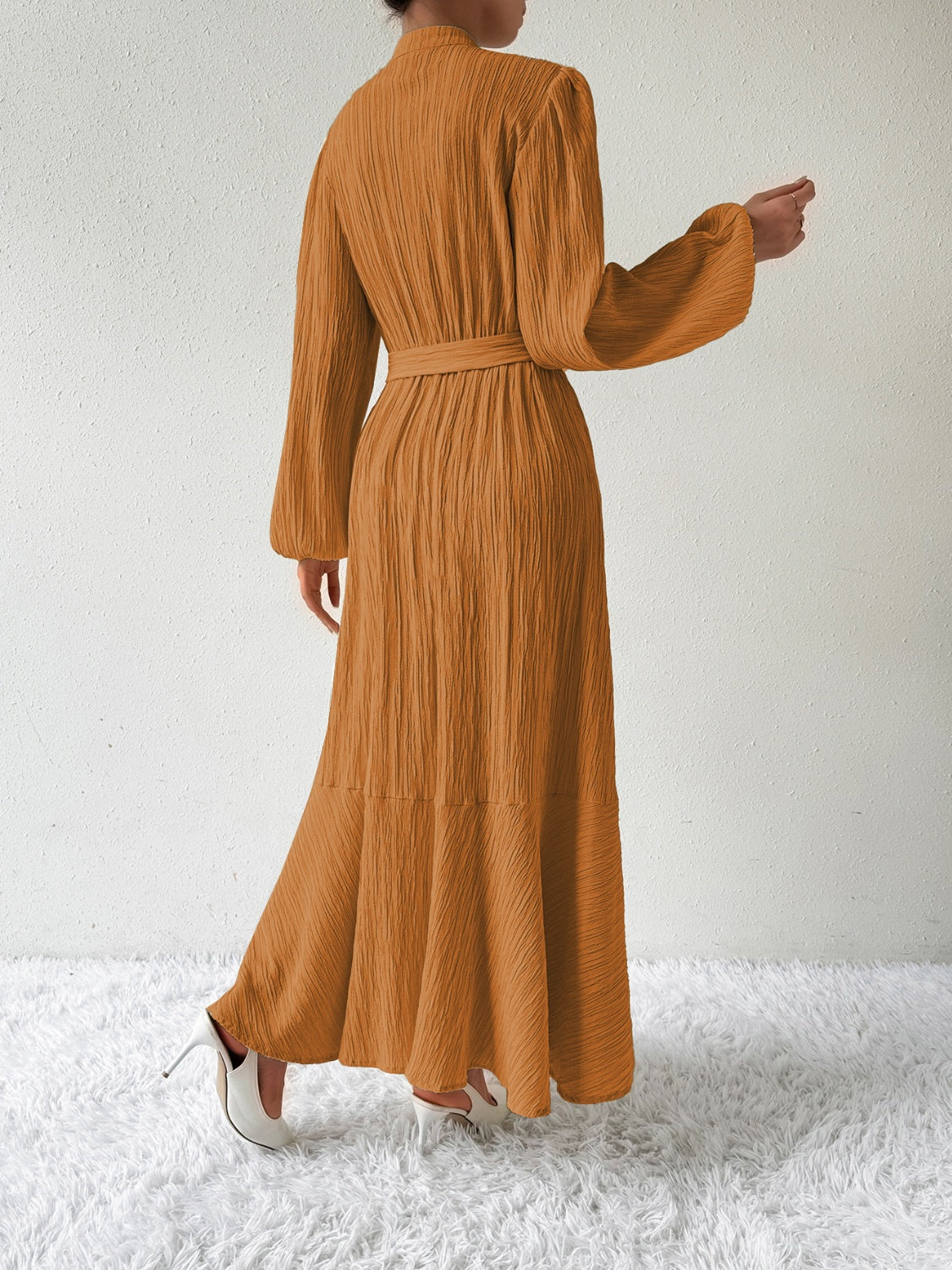 She Wears Glory™ “Honeyed Honor” Tie Waist Long Sleeve Dress - She Wears Glory Beverly Hills