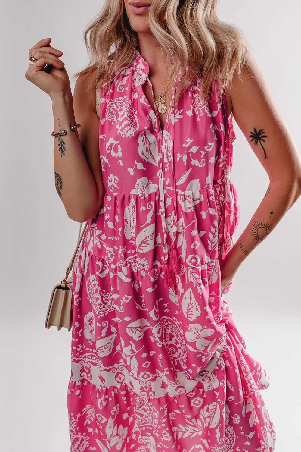 She Wears Glory “Daughter of the Dawn” Tasseled Tie-Neck Floral Tiered Midi Dress - She Wears Glory Beverly Hills