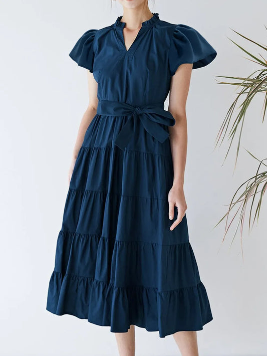 She Wears Glory™ Ruched Tiered Notched Short Sleeve Dress - She Wears Glory Beverly Hills