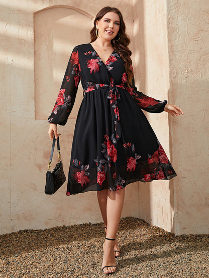 She Wears Glory™ “Radiant Rejoice” Plus Size Floral Surplice Midi Dress - She Wears Glory Beverly Hills