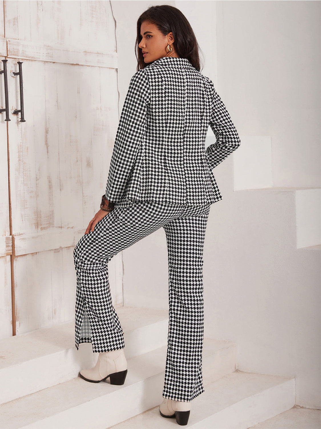 She Wears Glory “Discernment in Detail” Checkered Blazer & Slit Pants Set - She Wears Glory Beverly Hills