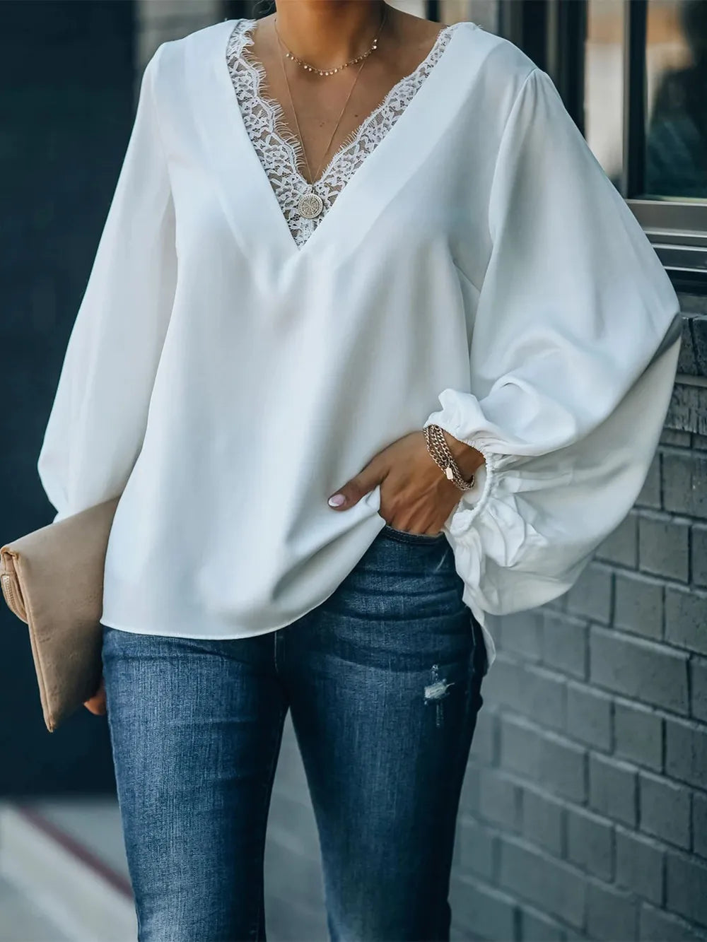 She Wears Glory™ — Adorned in Grace Lace V-Neck Long Sleeve Blouse - She Wears Glory Beverly Hills