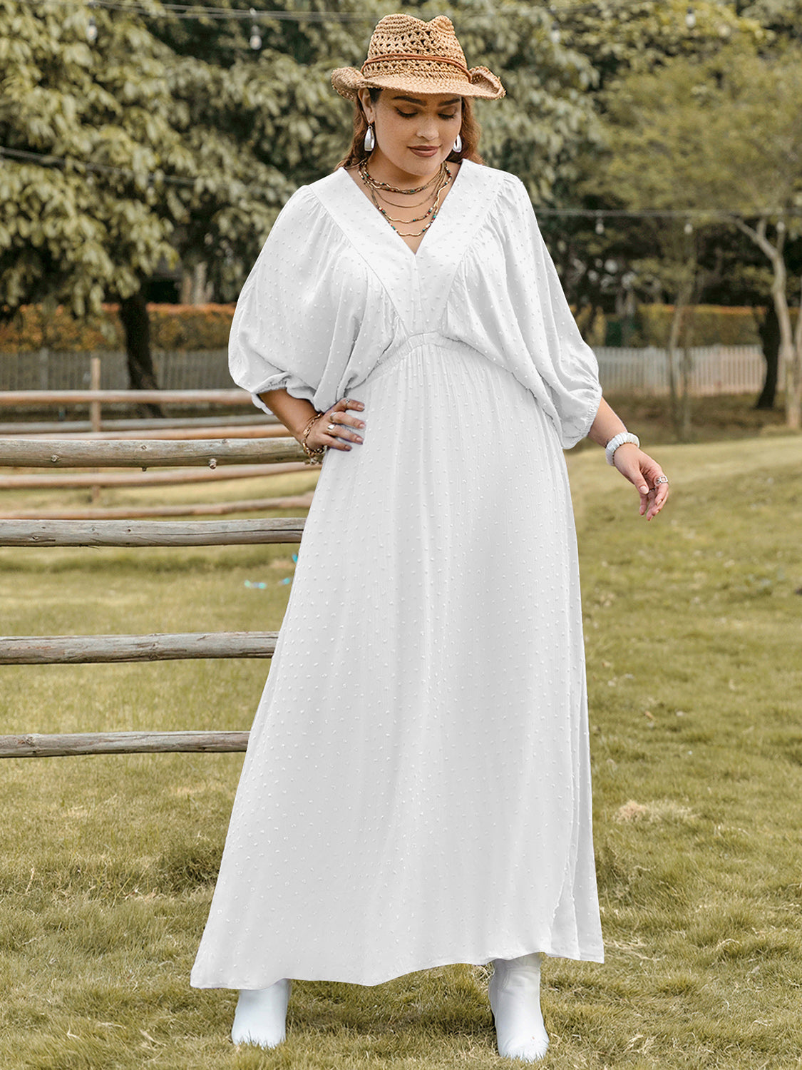 She Wears Glory™ “Graceful Anointing” Plus Size Swiss Dot V-Neck Three-Quarter Sleeve Dress - She Wears Glory Beverly Hills