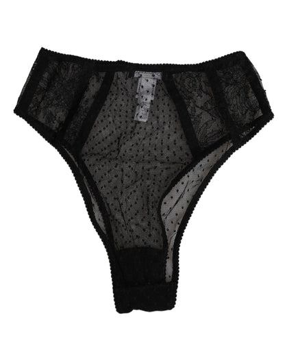 Dolce & Gabbana Black Lace Polka Dot Mesh High Waist Underwear