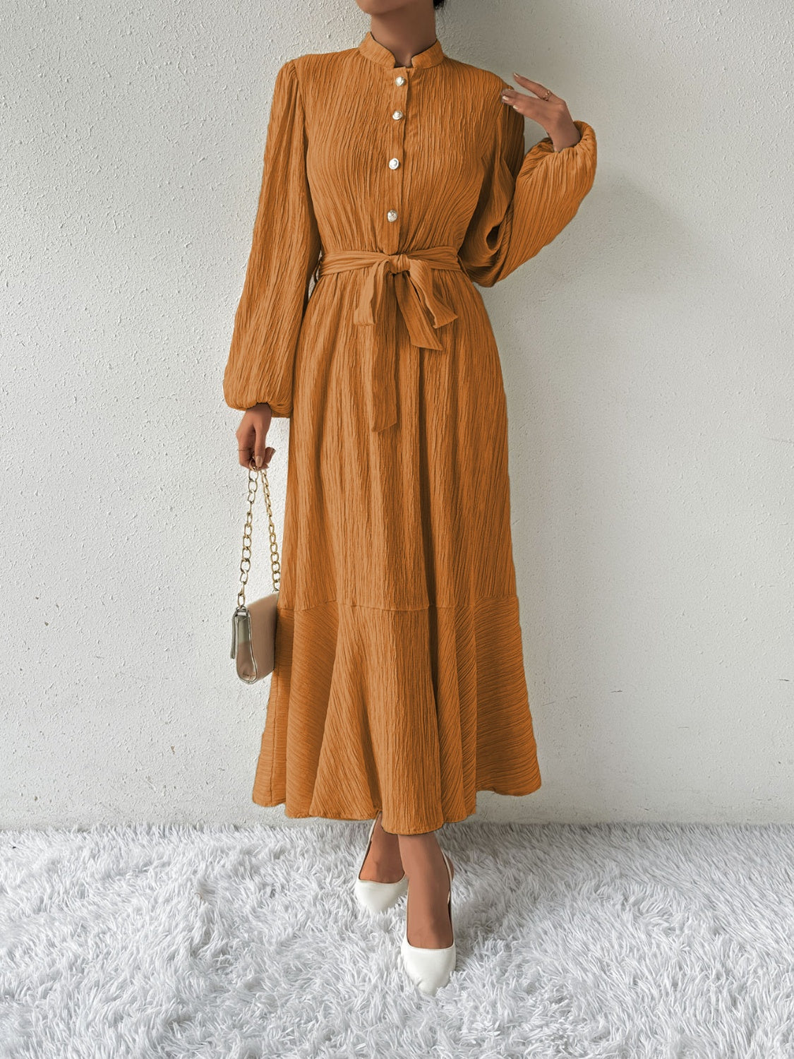 She Wears Glory™ “Honeyed Honor” Tie Waist Long Sleeve Dress - She Wears Glory Beverly Hills