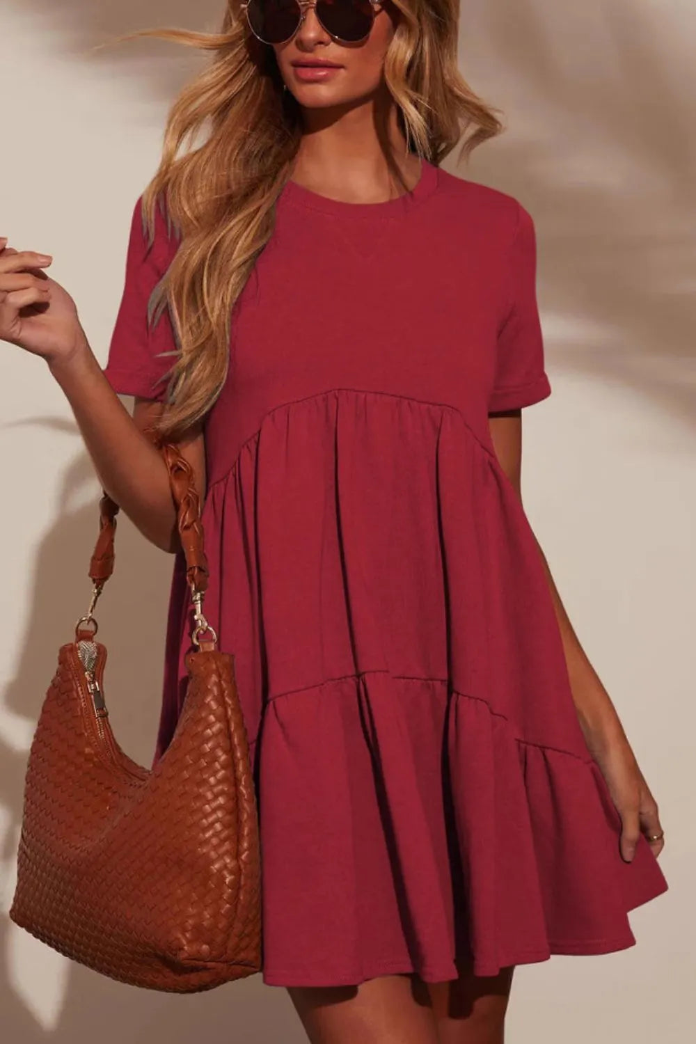 She Wears Glory™ Tiered Round Neck Short Sleeve Mini Dress - She Wears Glory Beverly Hills