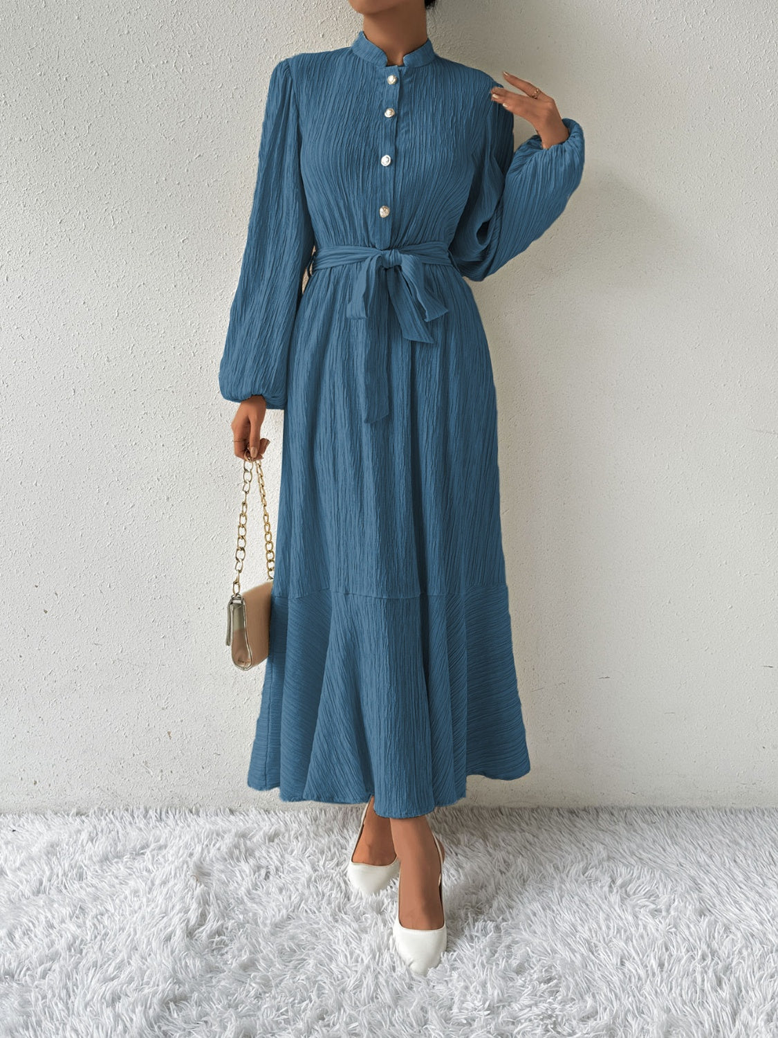 She Wears Glory™ “Honeyed Honor” Tie Waist Long Sleeve Dress - She Wears Glory Beverly Hills