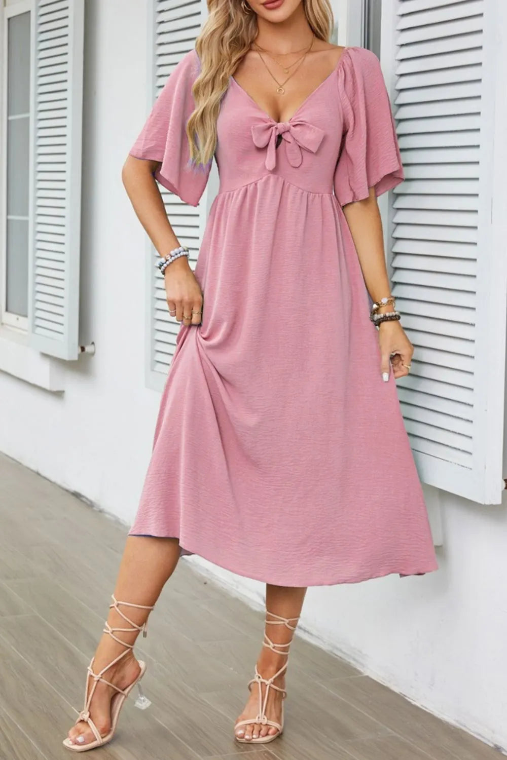 Smocked Tie Front Flutter Sleeve Midi Dress - She Wears Glory Beverly Hills