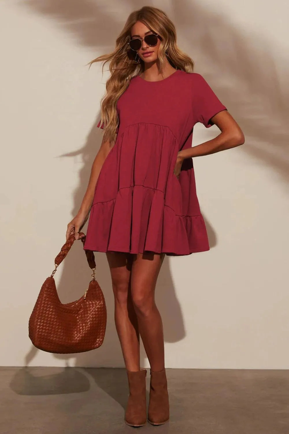 She Wears Glory™ Tiered Round Neck Short Sleeve Mini Dress - She Wears Glory Beverly Hills