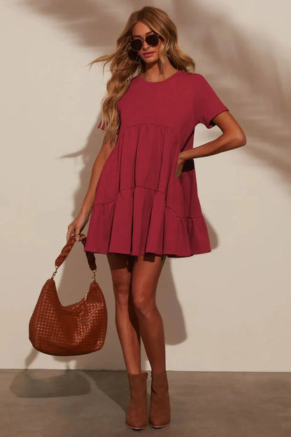 She Wears Glory™ Tiered Round Neck Short Sleeve Mini Dress - She Wears Glory Beverly Hills