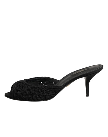 Dolce & Gabbana Black Embroidered Slip On Heels Slides Shoes