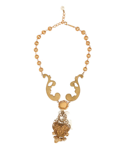 Dolce & Gabbana Gold Ceramic Crystal Cherub Baroque Pendant Necklace