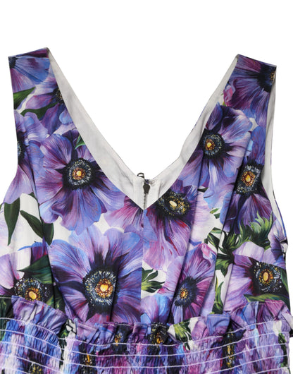 Dolce & Gabbana Purple Anemone Print Pleated Midi Dress