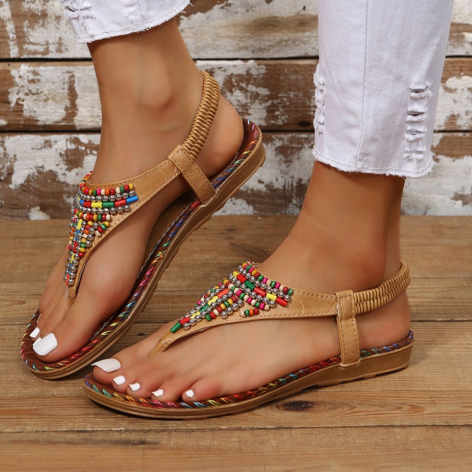 She Wears Glory™ — Graceful Steps Beaded PU Leather Open Toe Sandals - She Wears Glory Beverly Hills