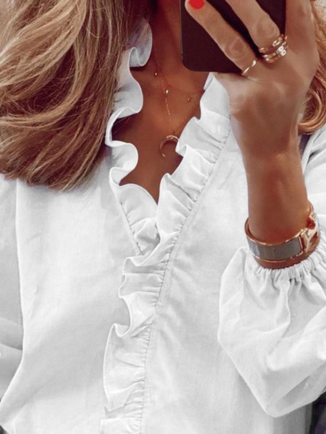 Full Size Ruffled V-Neck Long Sleeve Blouse - She Wears Glory Beverly Hills