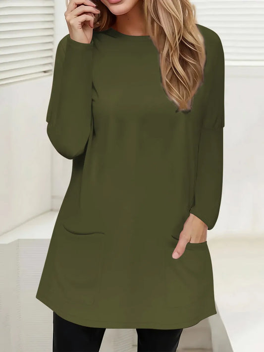 She Wears Glory™ Full Size Pocketed Round Neck Long Sleeve T-Shirt - She Wears Glory Beverly Hills