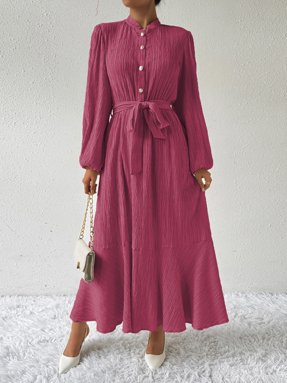 She Wears Glory™ “Honeyed Honor” Tie Waist Long Sleeve Dress - She Wears Glory Beverly Hills