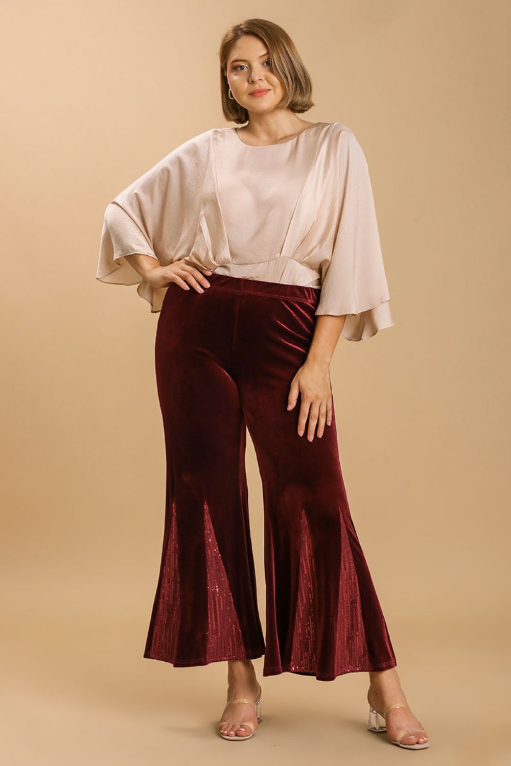 She Wears Glory™ “Heaven’s Echo” Sequin Velvet Stretch Flare Leg Pants - She Wears Glory Beverly Hills
