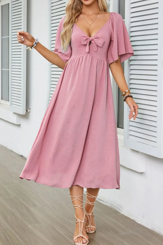 Smocked Tie Front Flutter Sleeve Midi Dress - She Wears Glory Beverly Hills
