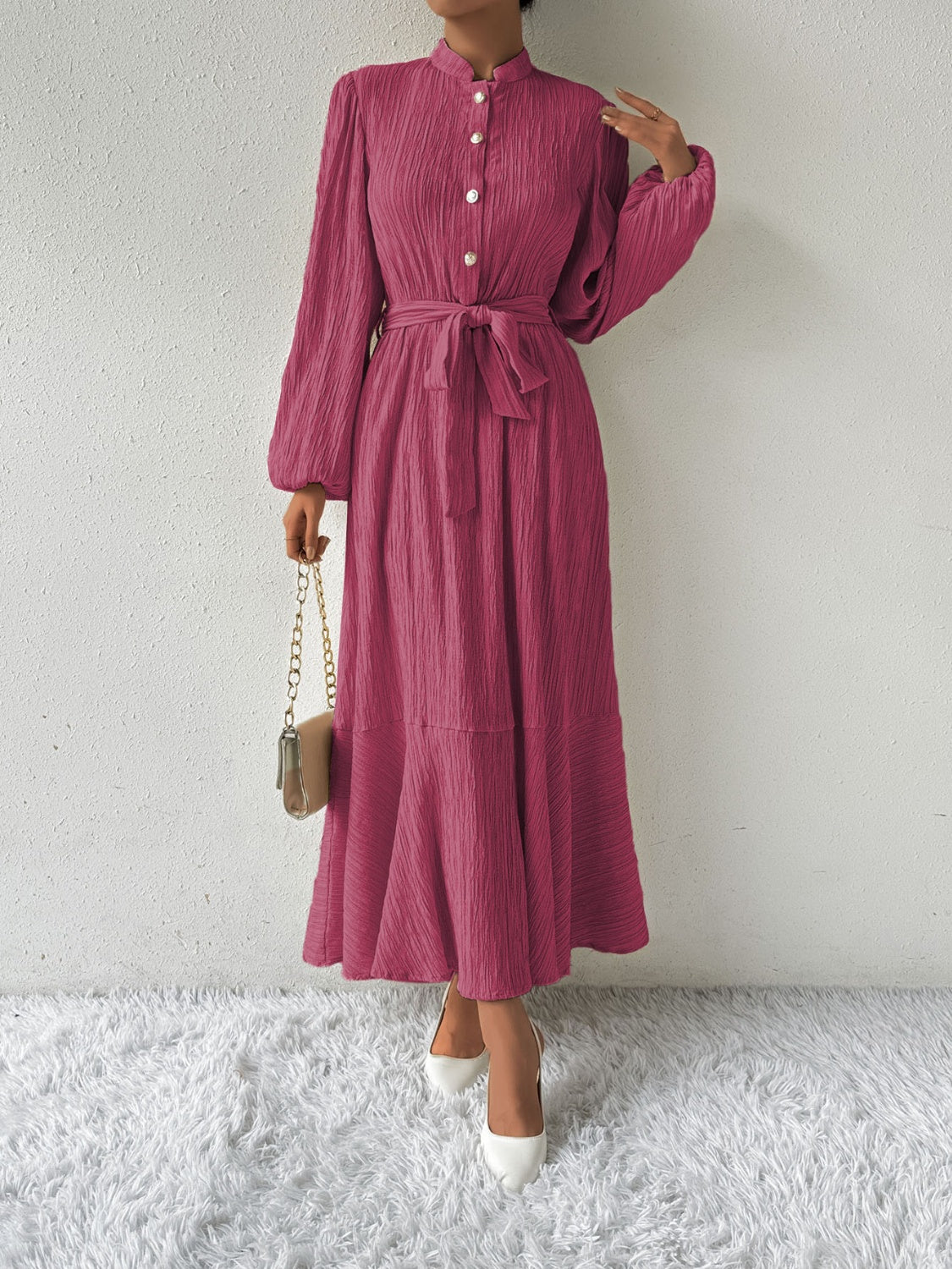 She Wears Glory™ “Honeyed Honor” Tie Waist Long Sleeve Dress - She Wears Glory Beverly Hills