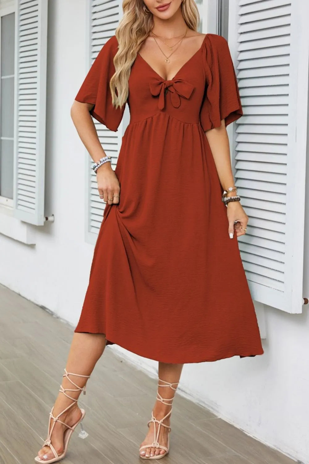 Smocked Tie Front Flutter Sleeve Midi Dress - She Wears Glory Beverly Hills