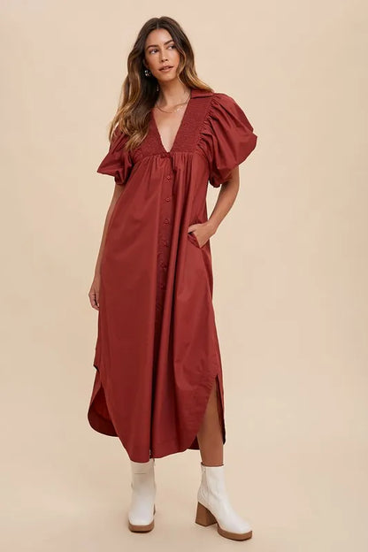 She Wears Glory™ Glory Smocked Radiance Midi Dress in Soft Clay - She Wears Glory Beverly Hills