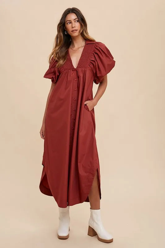 She Wears Glory™ Glory Smocked Radiance Midi Dress in Soft Clay - She Wears Glory Beverly Hills