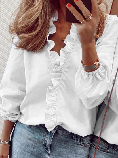 Full Size Ruffled V-Neck Long Sleeve Blouse - She Wears Glory Beverly Hills
