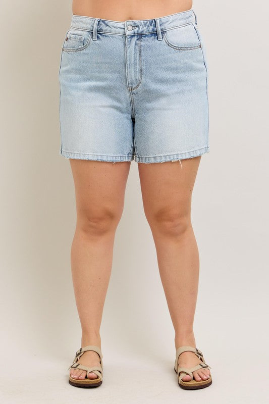 She Wears Glory™ “Summer Haven” Frayed Hem High Rise Denim Shorts with Pockets – Plus Size - She Wears Glory Beverly Hills