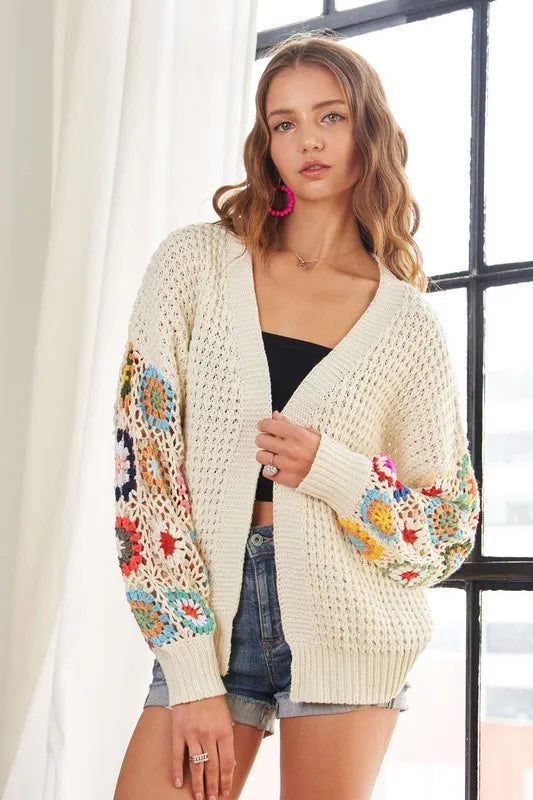 She Wears Glory™ Contrast Crochet Open Front Long Sleeve Cardigan - She Wears Glory Beverly Hills