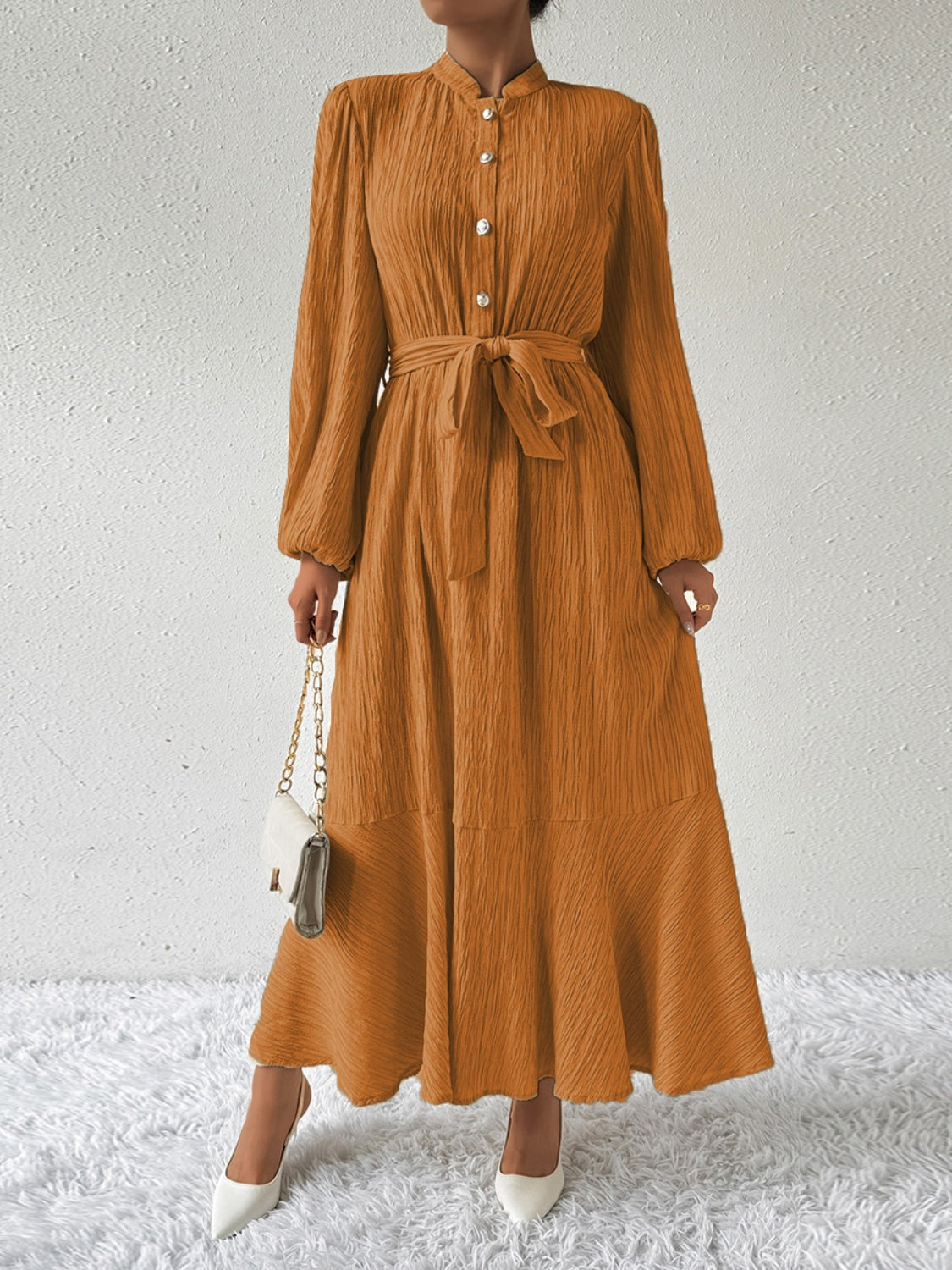 She Wears Glory™ “Honeyed Honor” Tie Waist Long Sleeve Dress - She Wears Glory Beverly Hills