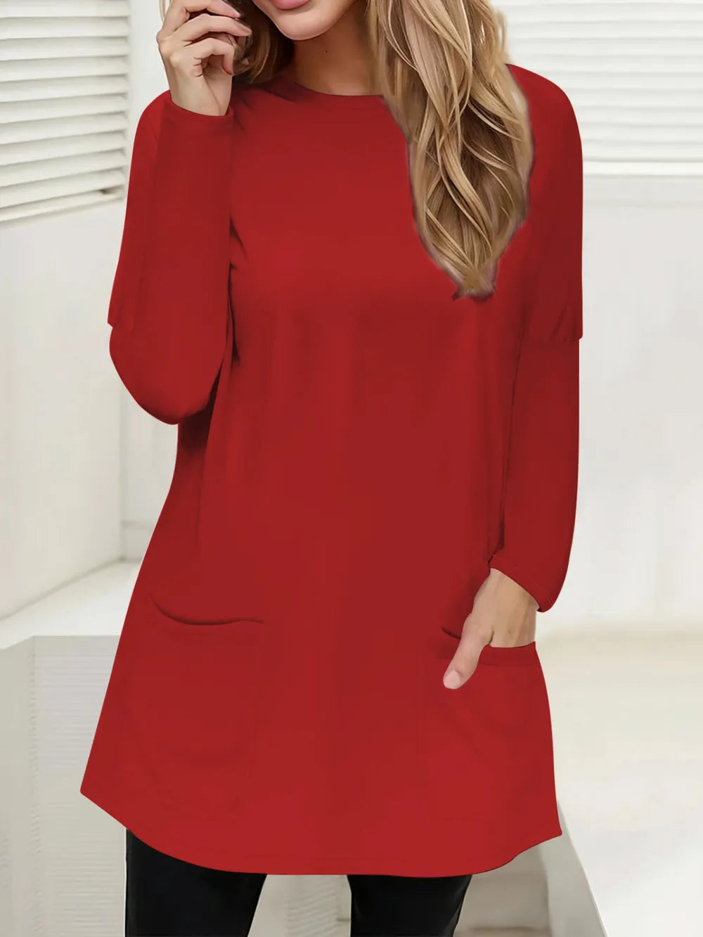 She Wears Glory™ Full Size Pocketed Round Neck Long Sleeve T-Shirt - She Wears Glory Beverly Hills
