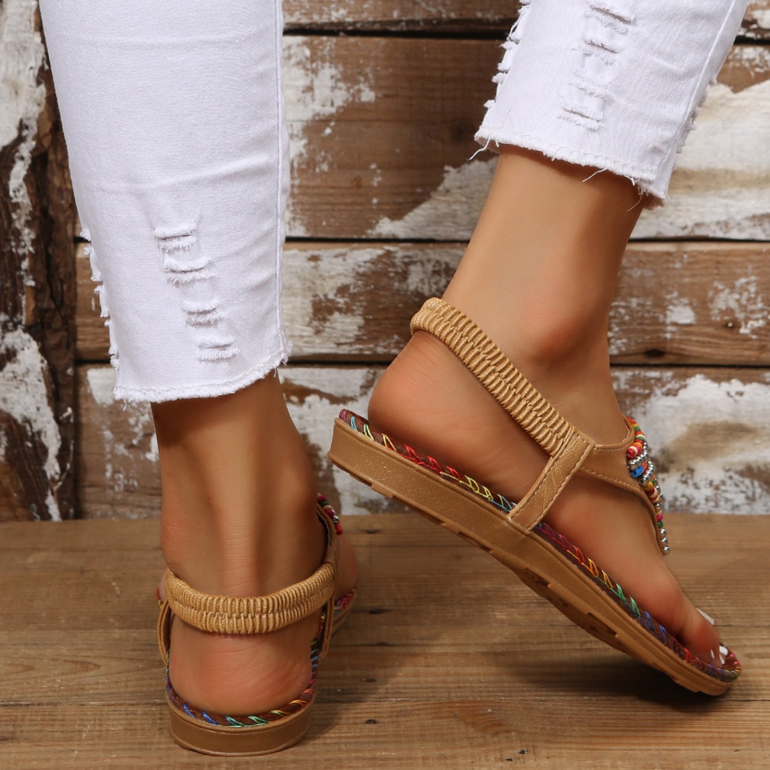 She Wears Glory™ — Graceful Steps Beaded PU Leather Open Toe Sandals - She Wears Glory Beverly Hills