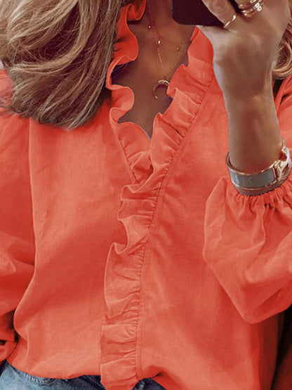 Full Size Ruffled V-Neck Long Sleeve Blouse - She Wears Glory Beverly Hills