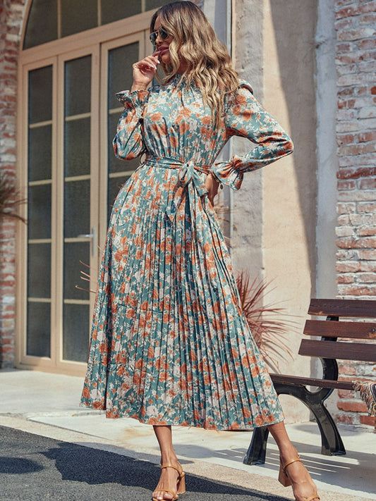 She Wears Glory™ – The Virtue Robe Dress (Pleated Mock Neck Printed Long Sleeve Dress) - She Wears Glory Beverly Hills
