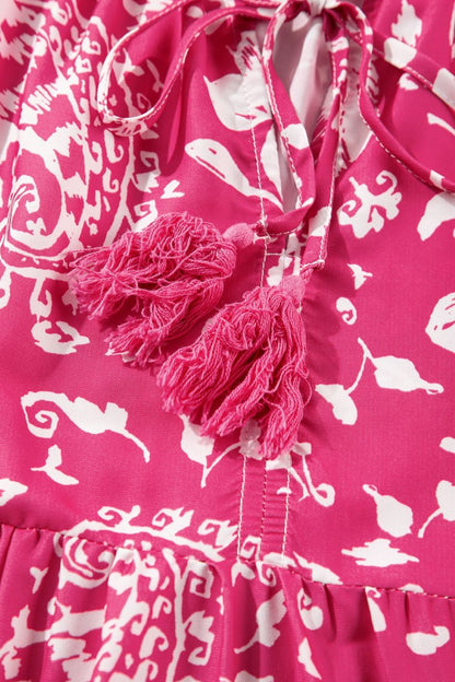 She Wears Glory “Daughter of the Dawn” Tasseled Tie-Neck Floral Tiered Midi Dress - She Wears Glory Beverly Hills