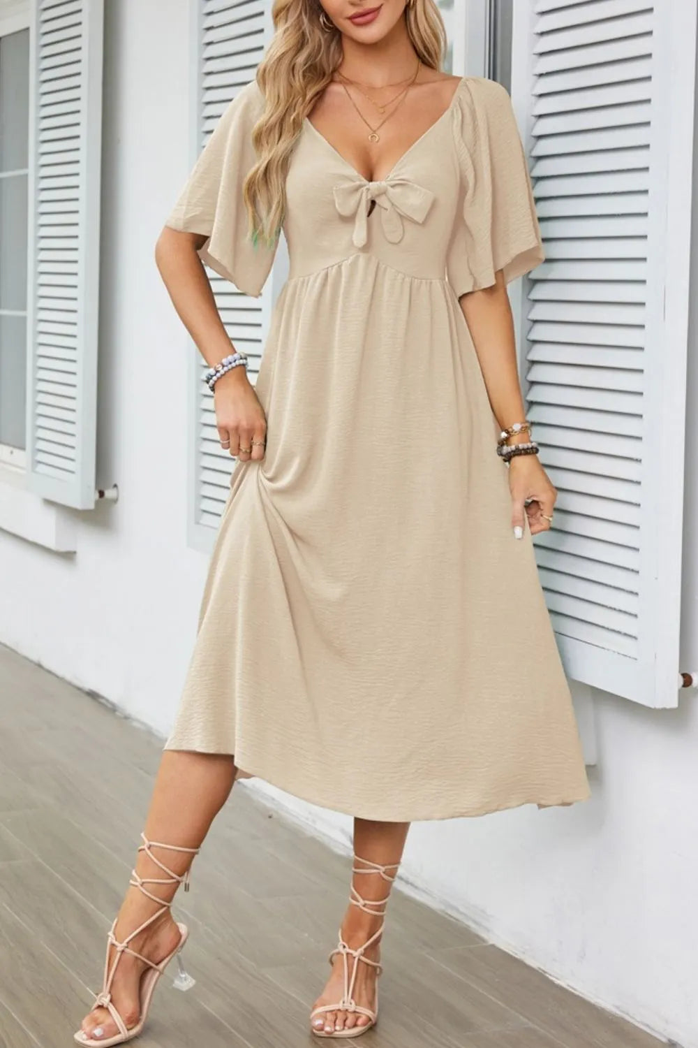 Smocked Tie Front Flutter Sleeve Midi Dress - She Wears Glory Beverly Hills
