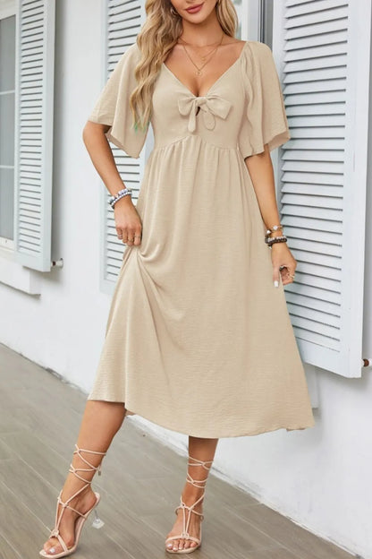 Smocked Tie Front Flutter Sleeve Midi Dress - She Wears Glory Beverly Hills