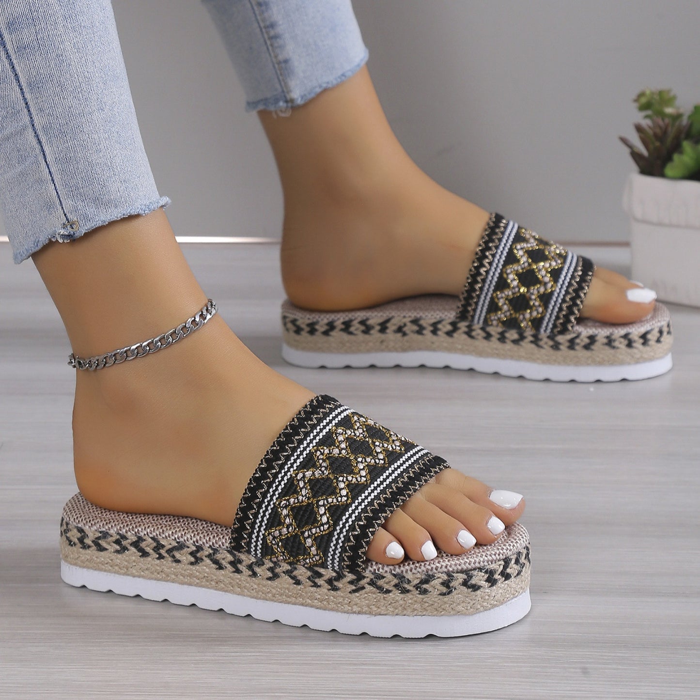 She Wears Glory™ — Sarah’s Steady Path Geometric Weave Platform Sandals - She Wears Glory Beverly Hills